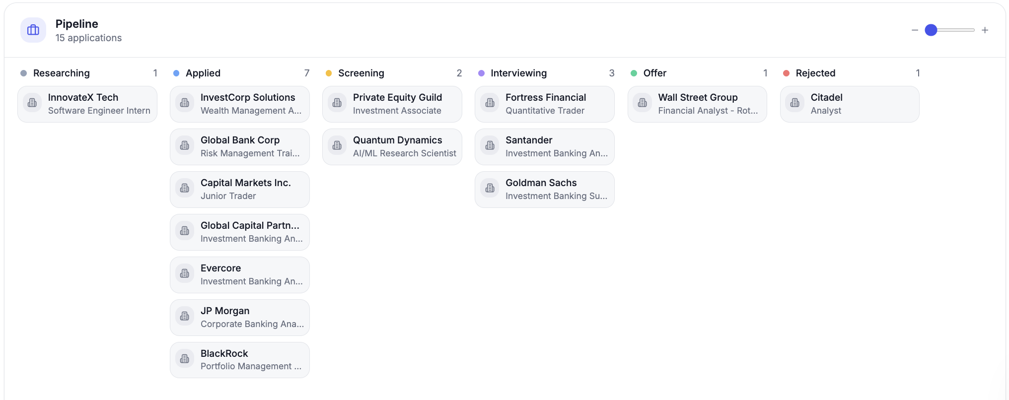 Pilot pipeline kanban dashboard showing applications at Goldman Sachs, JP Morgan, and other firms